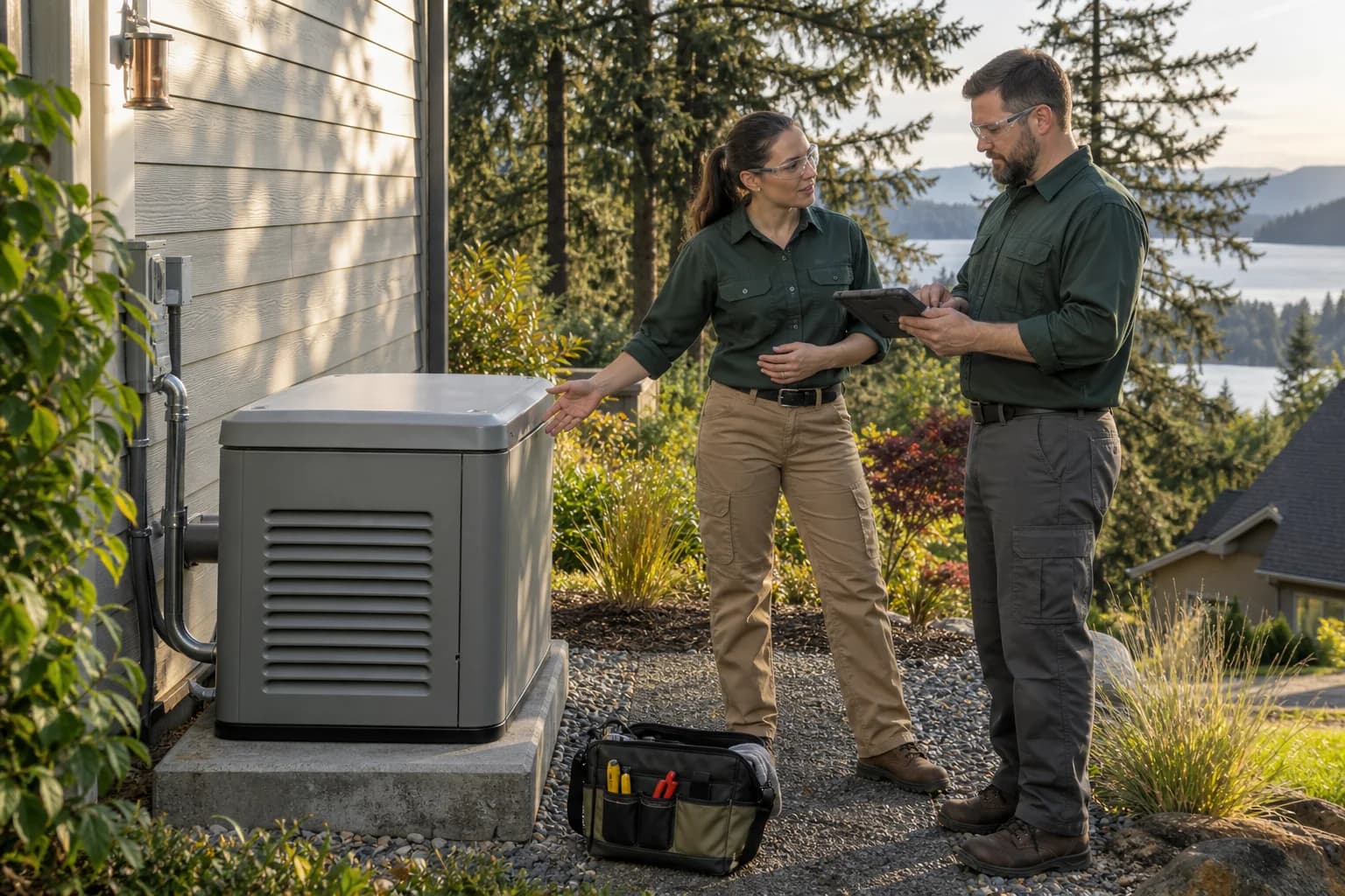 Two field technicians reviewing a generator installation outside a home